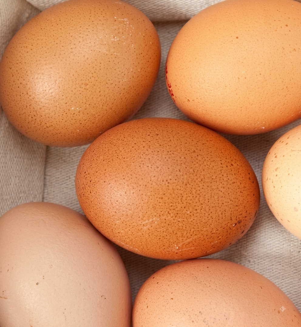 Brown eggs resting in a cloth-lined basket