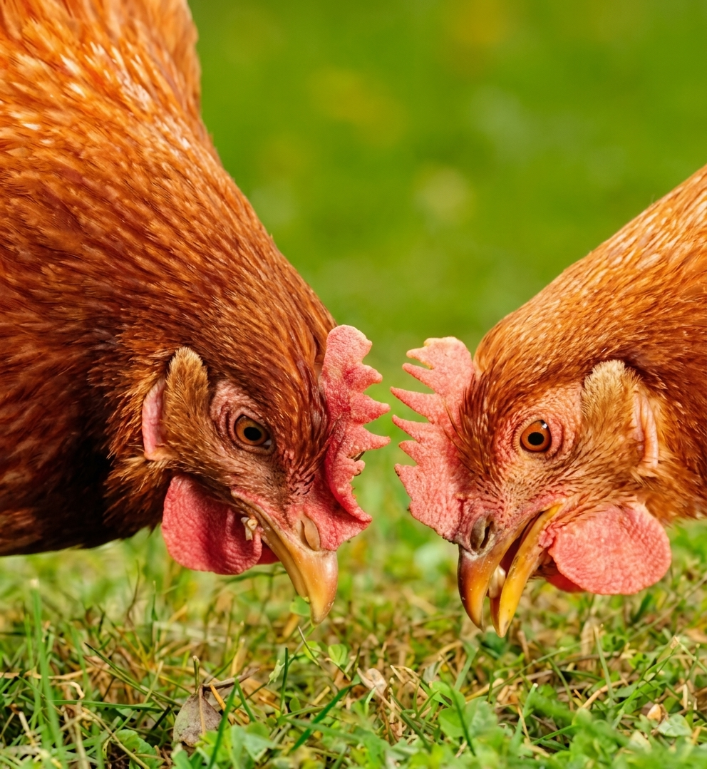 Two brown hens facing each other while foraging on grass